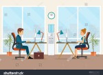 stock-vector-office-workers-sitting-at-the-table-office-workplace-with-table-bookcase-window-flat-vector-632130842